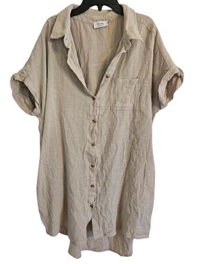 Bluivy Beige Button-Front Short-Sleeve Dress 100% Cotton Sz L